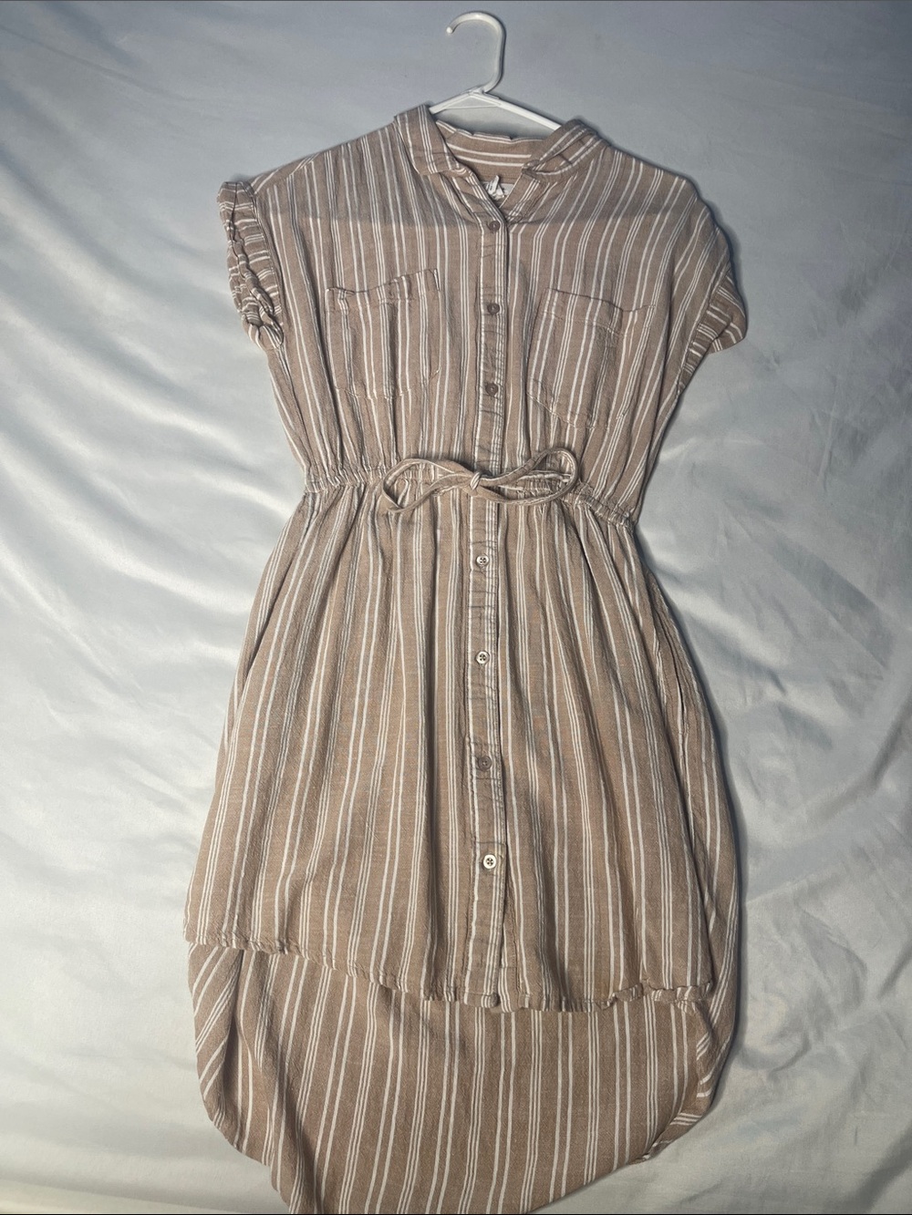 Striped Taupe High-Low Shirt Dress with Tie Waist